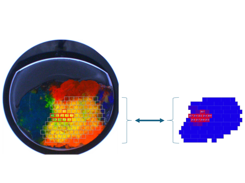 Photographic image of a freshly excised, inked tumor (left) and corresponding ClearCoast™ diffusion map (right). The color code represents the degree of diffusion restriction. The red arrow points to an area of highly restricted diffusion, possibly malignant tissue, on both images.